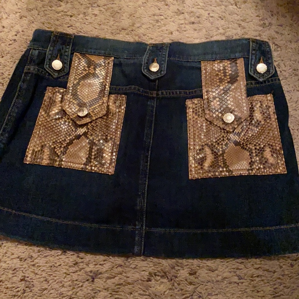 Dolce & Gabbana Dark Blue Denim Mini Skirt with Brown Snake-Print Flap Accents